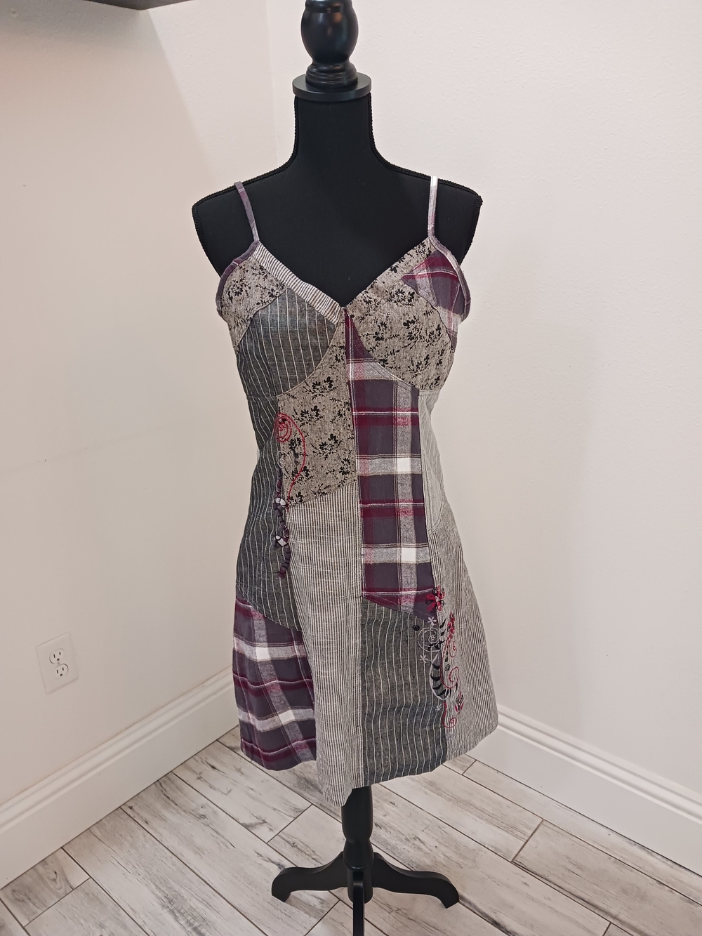 Patchwork Spaghetti-Strap Mini Dress in Gray and Plum